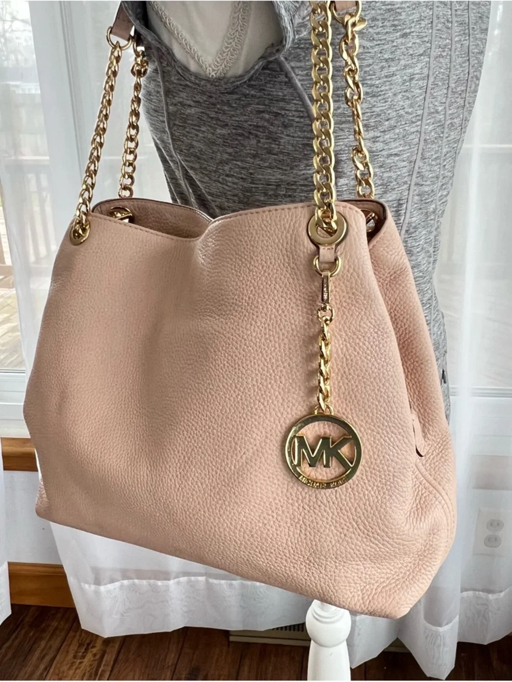 Michael Kors Jet Set Chain Shoulder Bag Dusty Pink Pebbled Leather Large